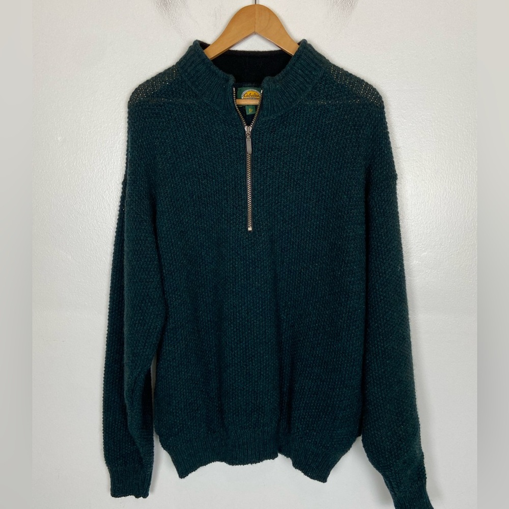 Cabela's Wool Blend Men Waffle Knit Sweater L Green Henley Mock Neck Chunky USA